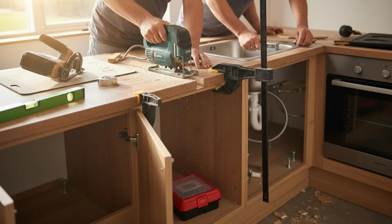 Håndværker tilpasser en bordplade og tilslutter vask og ovn i et køkken.