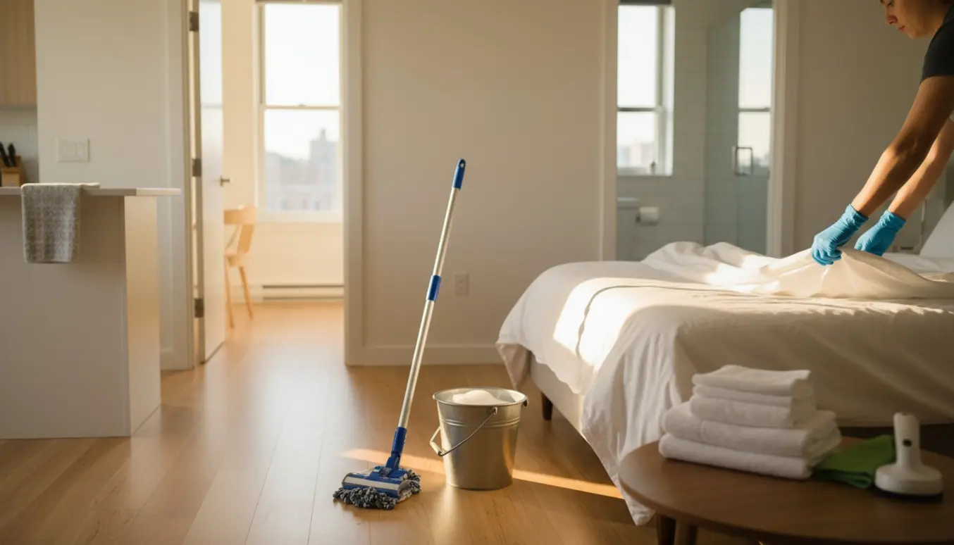 Rengøringsscene i en lys Airbnb-lejlighed med støvsuger, moppe og nyvasket seng.