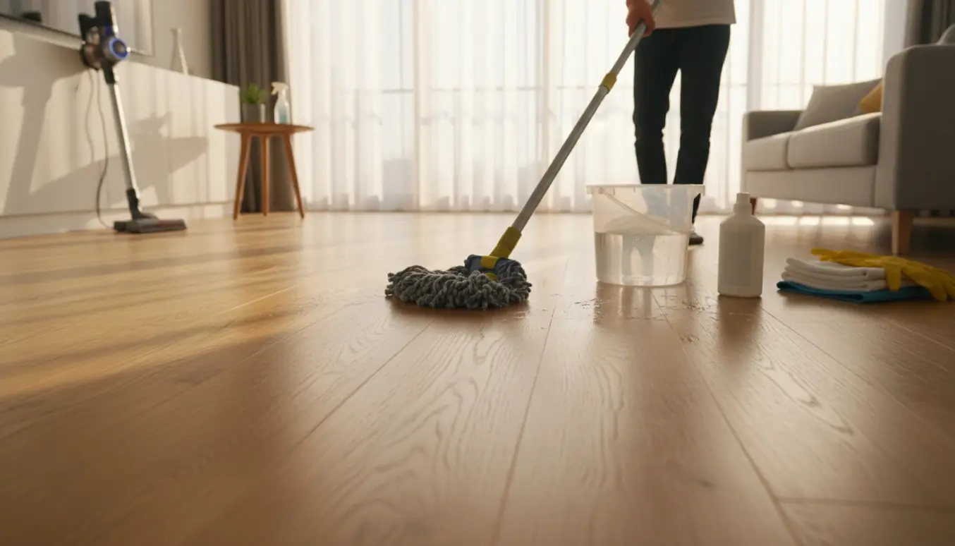 Solbelyst lejlighed med trægulv, hvor en rengøringsperson mopper gulvet med gulvsæbe og rengøringsudstyr i baggrunden.