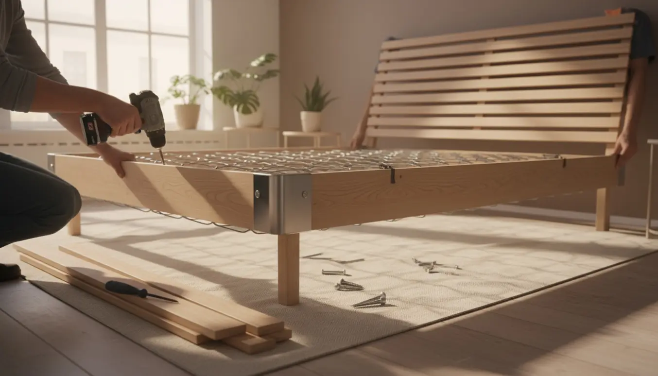 Delvist samlet seng i et lyst soveværelse med værktøj, skruer og hænder, der monterer ramme og sætte en gavl.
