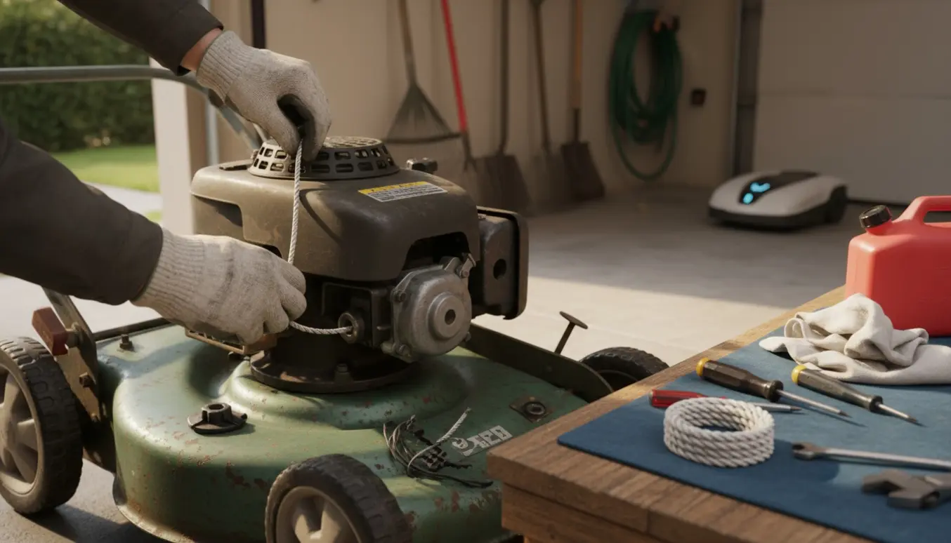 Nærbillede af hænder, der monterer en ny starttrækledning på en ældre benzindrevet plæneklipper i en carport med værktøj ved siden af.