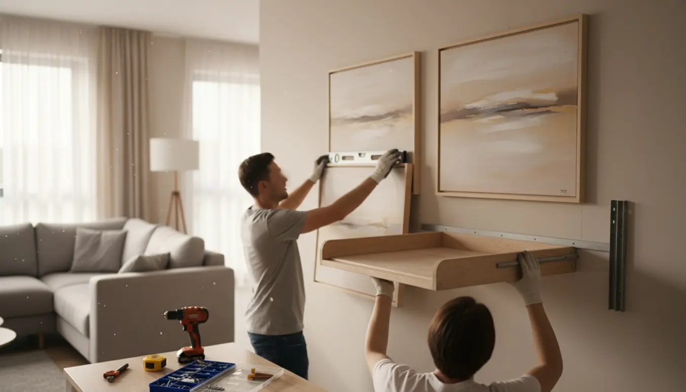 Hænger to malerier og monterer et træ-puslebord i en lys stue med værktøj og beslag.