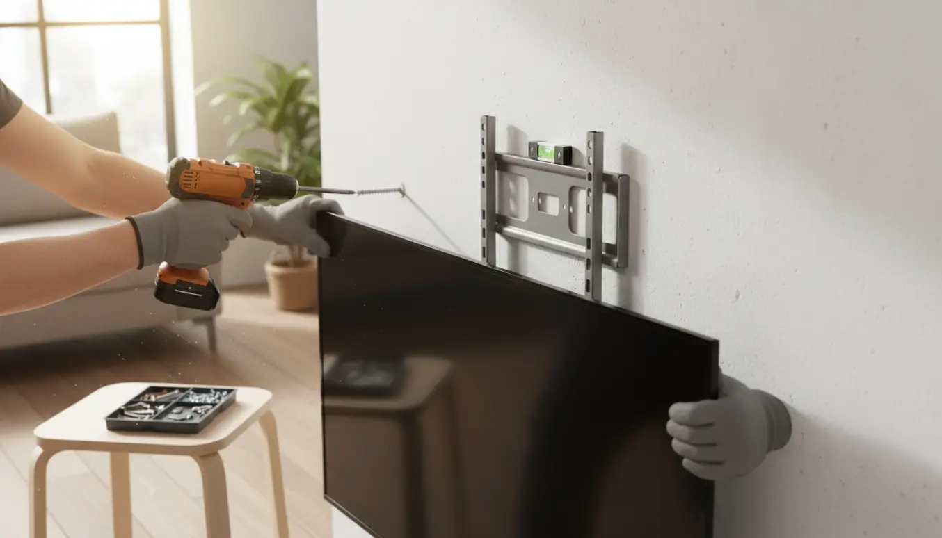 Hænder monterer et stort fladskærms-tv på en gipsvæg med justerbart vægbeslag, boremaskine og rawlplugs i forgrunden.