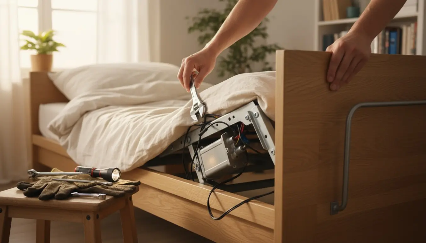 Hænder frigør motorens beslag for at sænke hovedgærdet på en enkel elevationsseng.