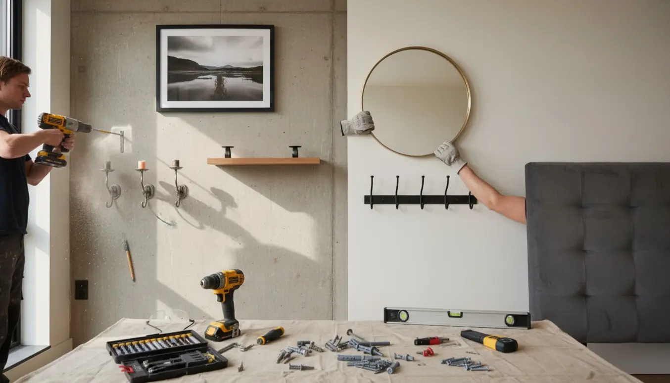 Gloved hænder monterer et rundt spejl, hylde, knagerække og billedophæng på en væg med beton- og gipsafsnit.