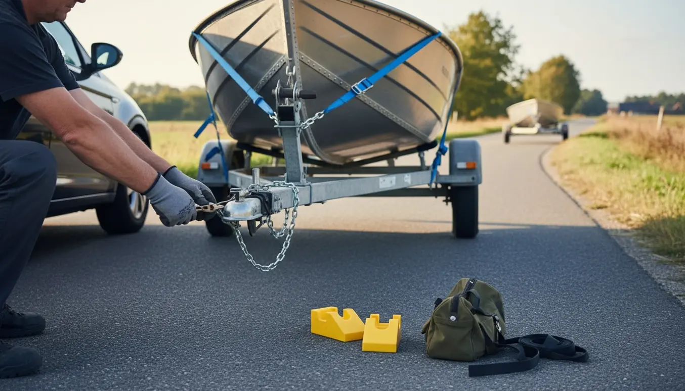 Håndværker spænder en lille båd fast på en bådtrailer ved en landevej nær Haderslev.