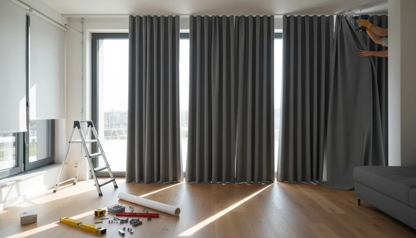 Håndværkere monterer gulv-til-loft gardiner og tilpasser to rullegardiner i et lyst rum.