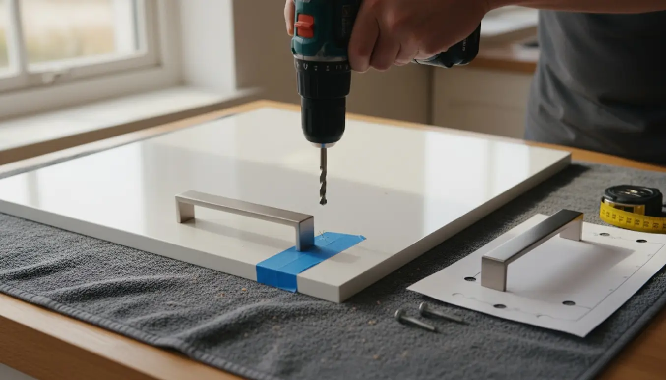 Nærbillede af montering af håndtag på en Ikea skabslåge med boremaskine, målebånd og malertape.