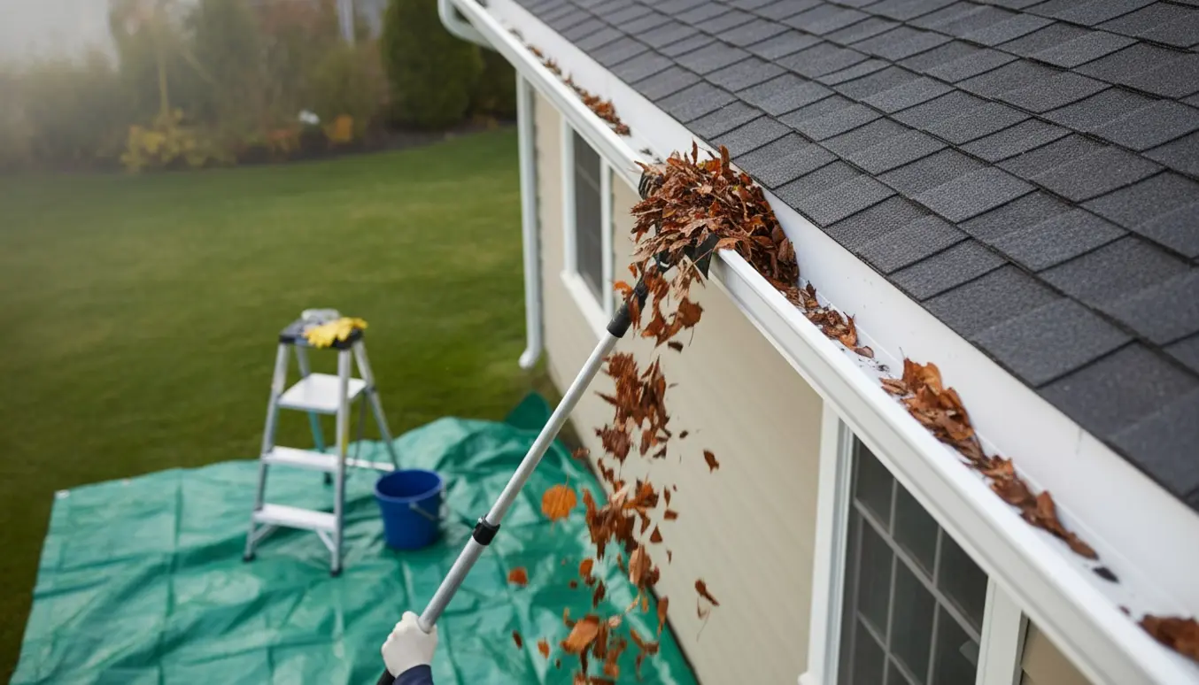 Teleskopisk redskab fjerner blade fra en øvre tagrende, kun hænder og udstyr er synlige.