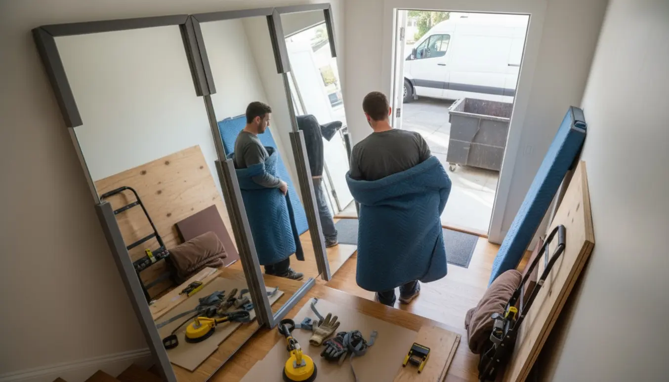 To personer bærer store spejllåger ned ad en trappe med beskyttelse og værktøj, ansigter ikke synlige.