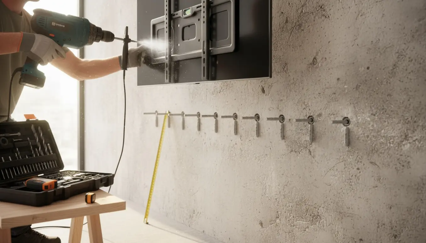 En professionel monterer et fladskærms-TV på en betonvæg med borehammer og rawlplugs, uden synlige ansigter.