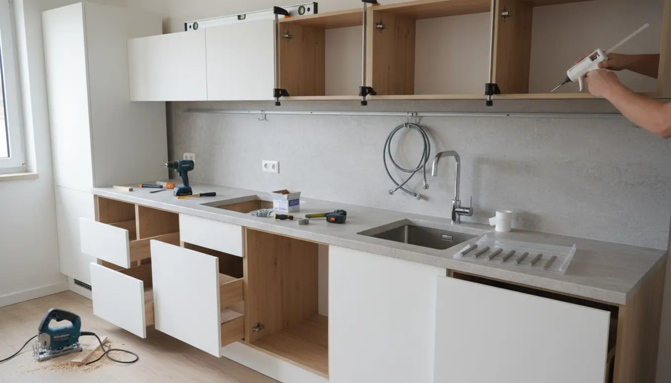 Halvfærdigt køkken under montering langs en lang væg med skabsmoduler, vaskudskæring og værktøj på bordpladen.
