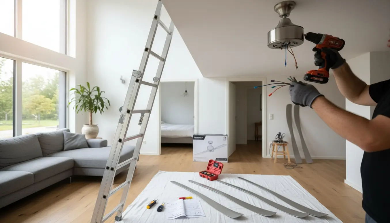 Installatør monterer en loftventilator i en lys stue med værktøj på en beskyttelsesdug og et soveværelse i baggrunden, hvor en lampe er taget ned.