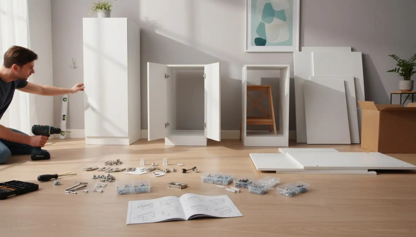 Tre fladpakkeskabe under samling i en lys stue med værktøj og håndklædekrog klar til montering.