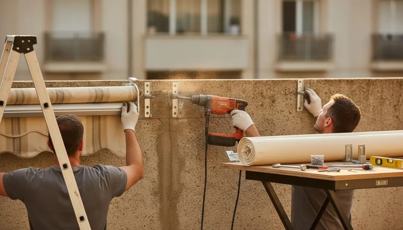 Håndværkere afmonterer en elektrisk markise og forbereder montering af en ny manuel markise på en lejlighedsvæg.