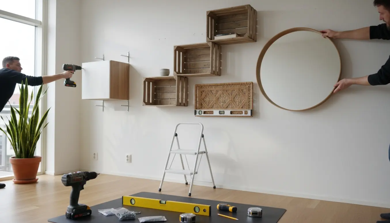 En lejlighedsvæg med et skab, æblekasser, et flettet panel og et spejl, hvor hænder justerer dem med værktøj i forgrunden.