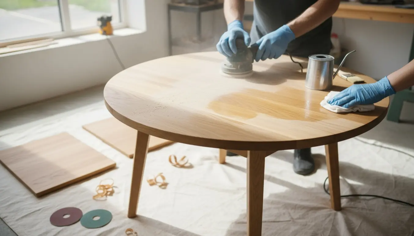 Nærbillede af hænder, der sliber og olierer et rundt spisebord med to tillægsplader.