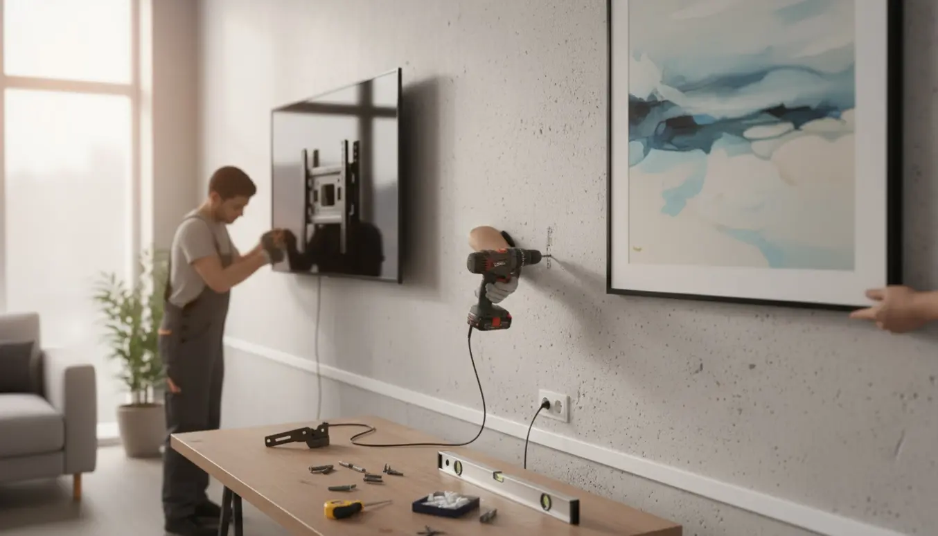 Hænder monterer et 55 tommer TV på en gasbetonvæg, hænger et stort maleri og fører en ledning ind i kabelkanal.