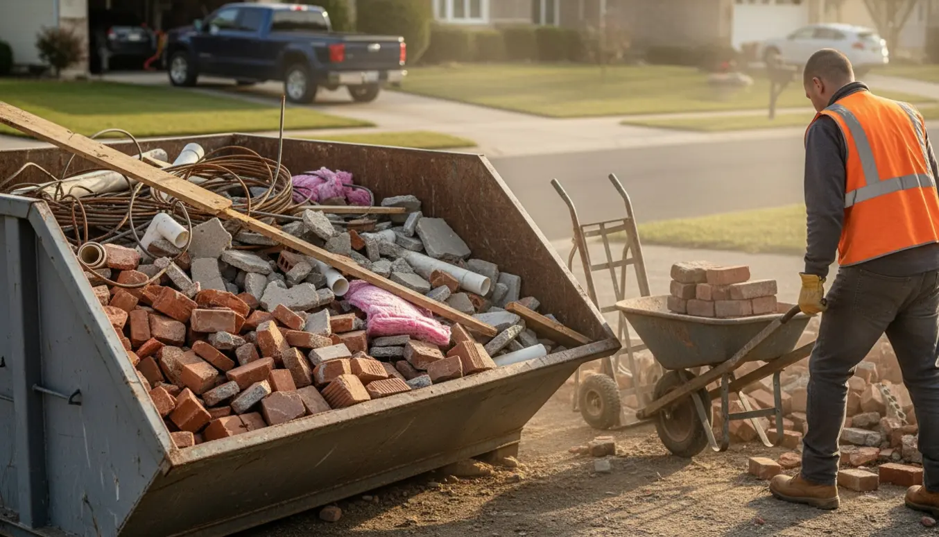 En arbejdsscene med en container fyldt med mursten, rør og andre byggematerialer klar til bortskaffelse.