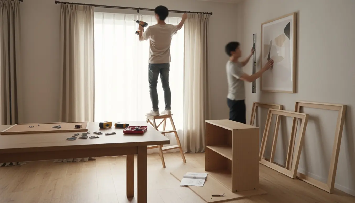 Hænder monterer gardinstang ved et vindue, store billeder og en opslagstavle står klar, og dele til en bogreol ligger på gulvet.