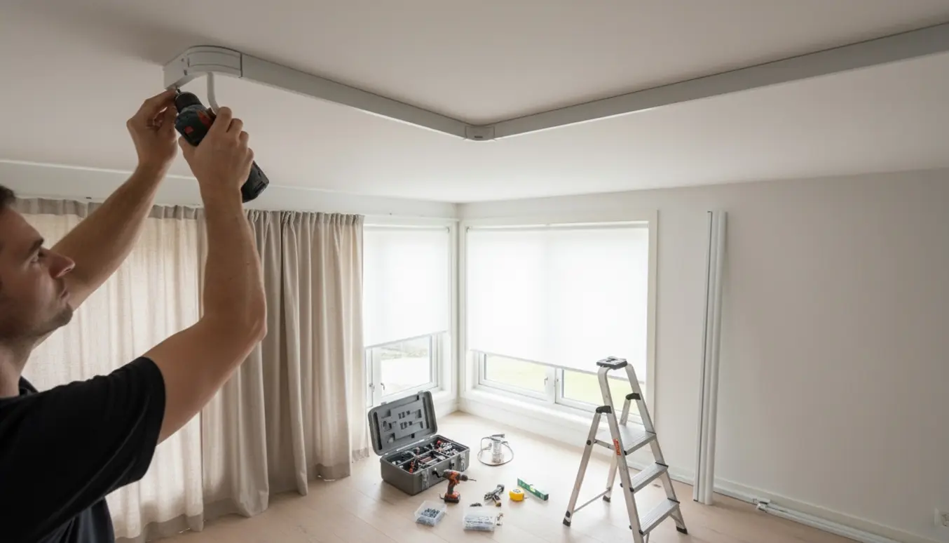 Nærbillede af hænder, der monterer en loftmonteret gardinstang i et hjørnevindue med et rullegardin ved siden af.