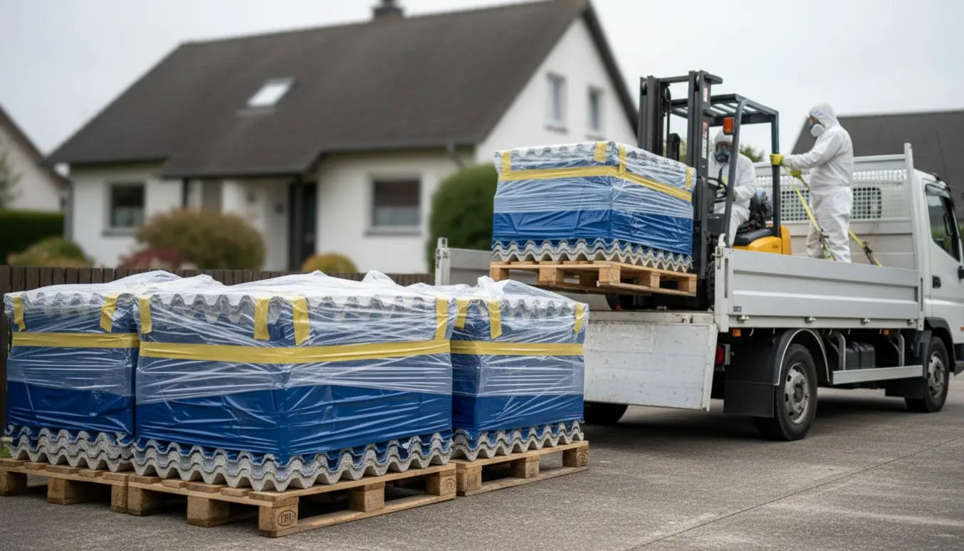 Dobbeltindpakkede eternitplader på euro-paller bliver læsset på en varevogn ved et enfamiliehus af arbejdere i beskyttelsesdragter.