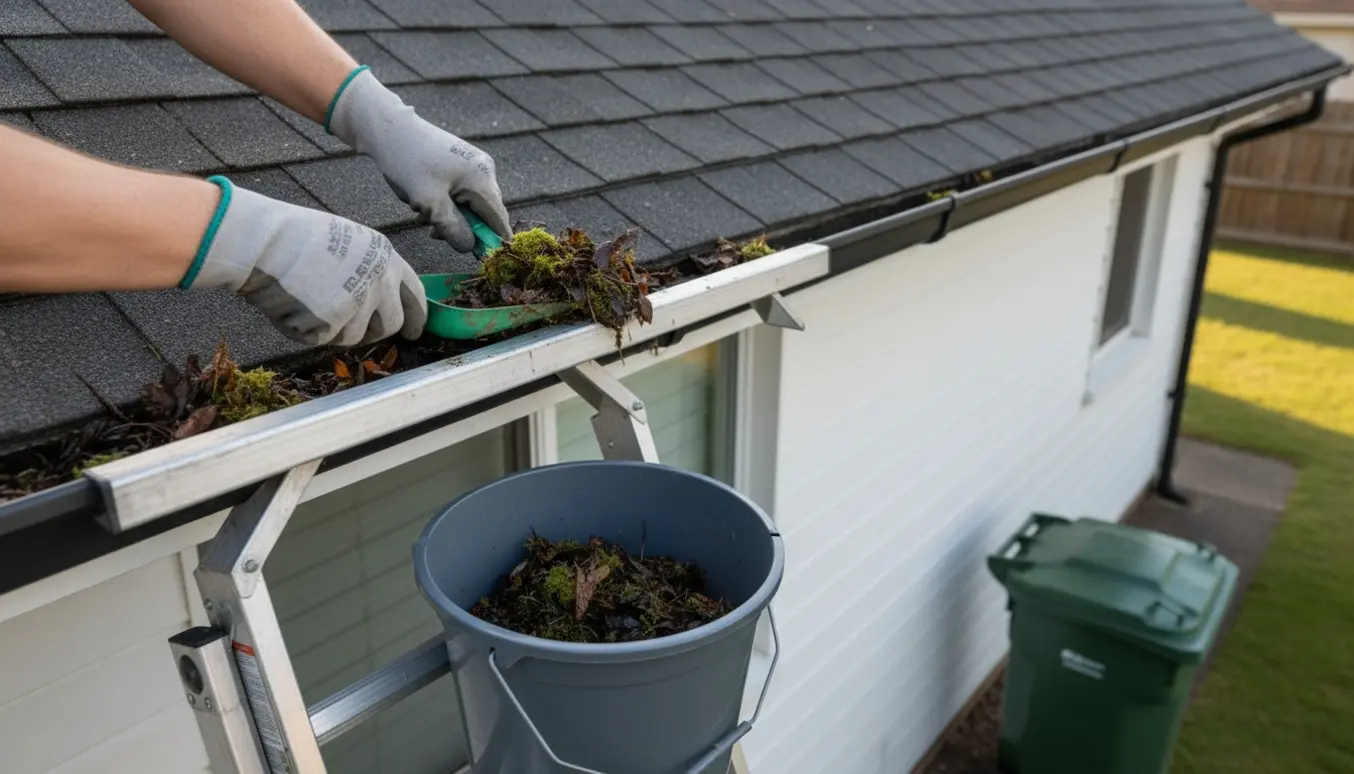Handskenklædt person renser tagrende på en bungalow fra en stige med affaldsbeholder klar.