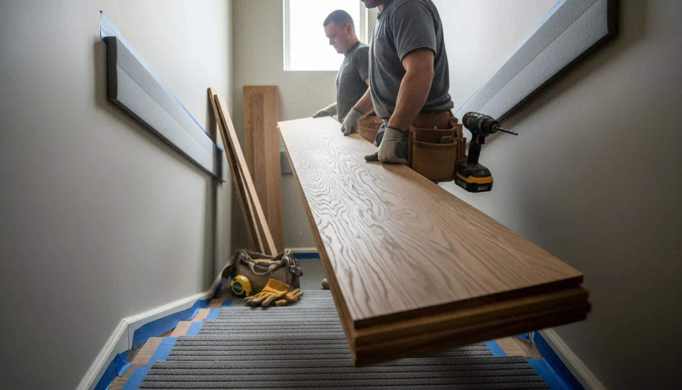 To håndværkere bærer lange gulvbrædder op ad en indendørs trappe mod tredje sal.