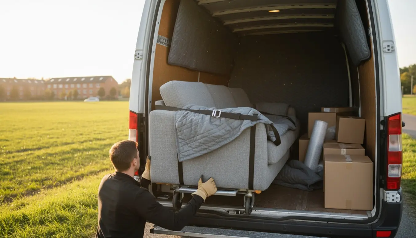 Sofa pakket og løftet ind i en flyttevogn på en landevej, klar til transport fra Jylland til København.