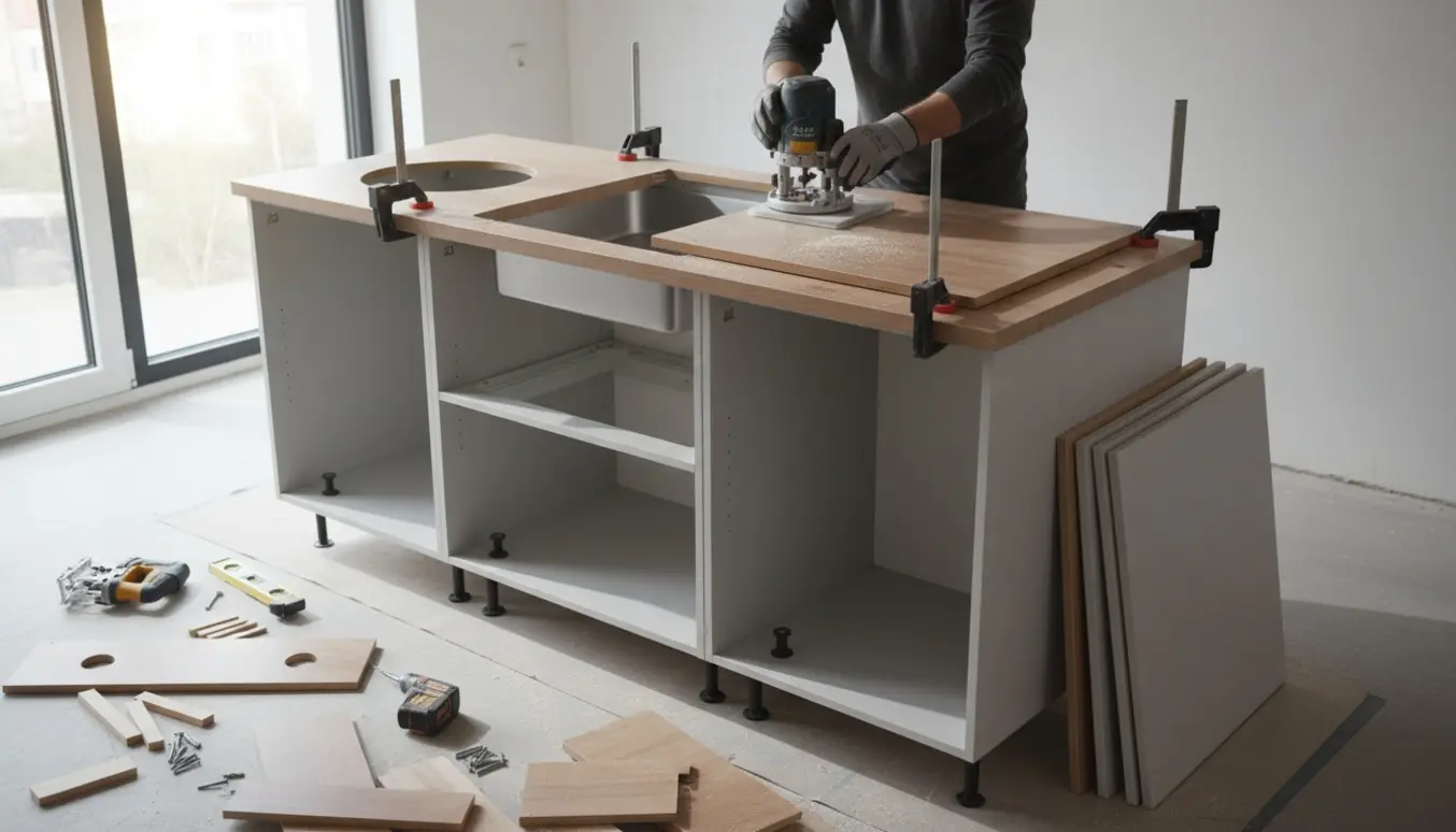 Fem samlede køkkenskabe opstillet som køkkenø med monteret bordplade og udskæringer til vask og kogeplade.