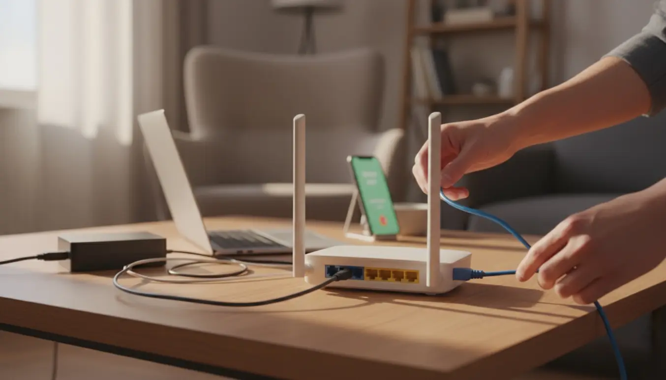 Hænder sætter en router op med telefonisk vejledning, smartphone, laptop og kabler på et skrivebord.