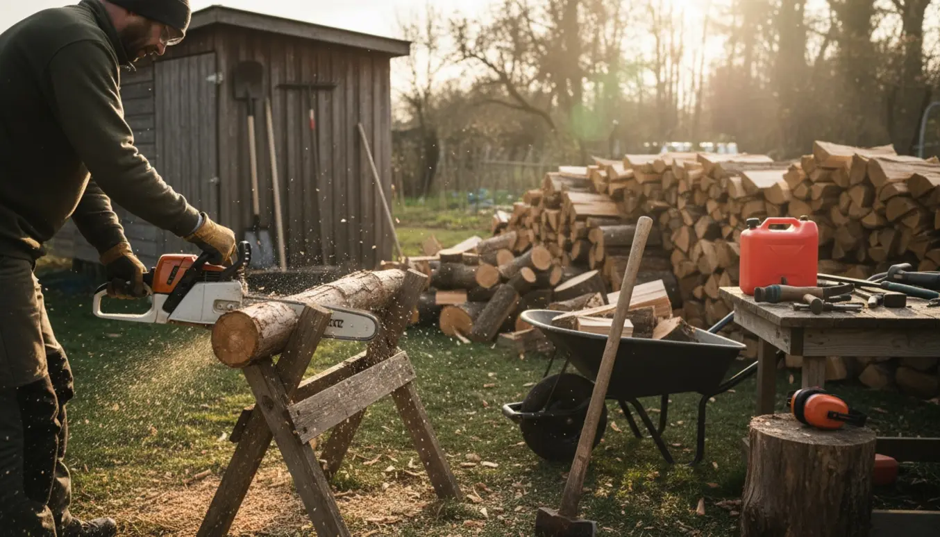 Hænder i handsker holder en motorsav og saver et træstykke med en stor stak kløvet brænde i baggrunden.