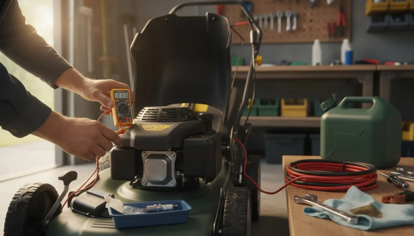 En person tester batteriet på en plæneklipper med elstart i en soloplyst garage, med værktøj og åben motor.