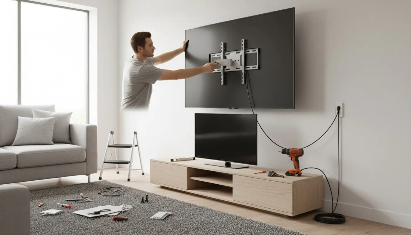 Et nyt fladt LED-TV monteres på væggen, mens hænder tilslutter en HDMI-streaming-dongle.