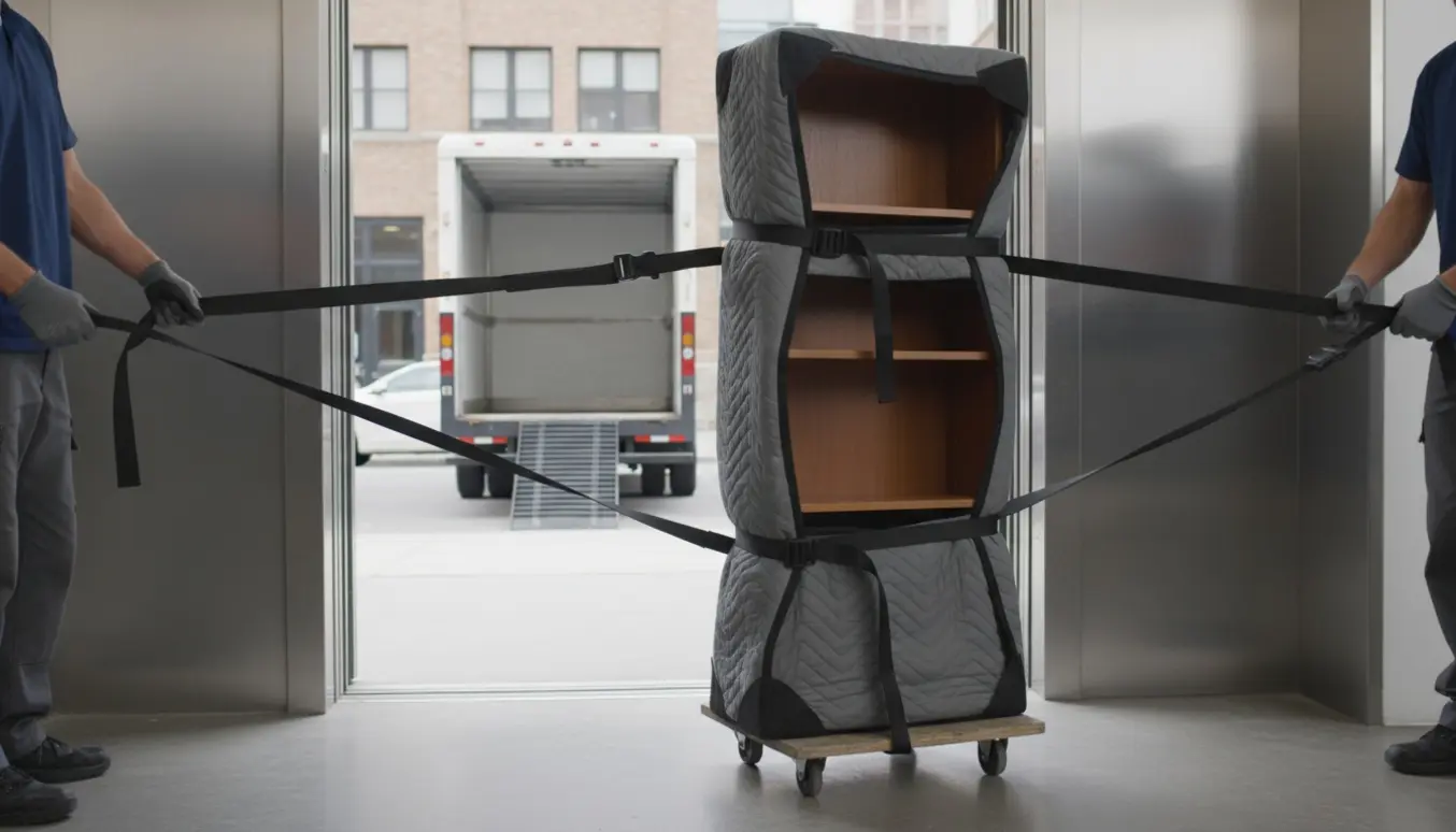 En træreol (100x175 cm) pakket i flyttetæpper på en dolly, klar til at blive løftet ind i en elevator ved en lejlighed.