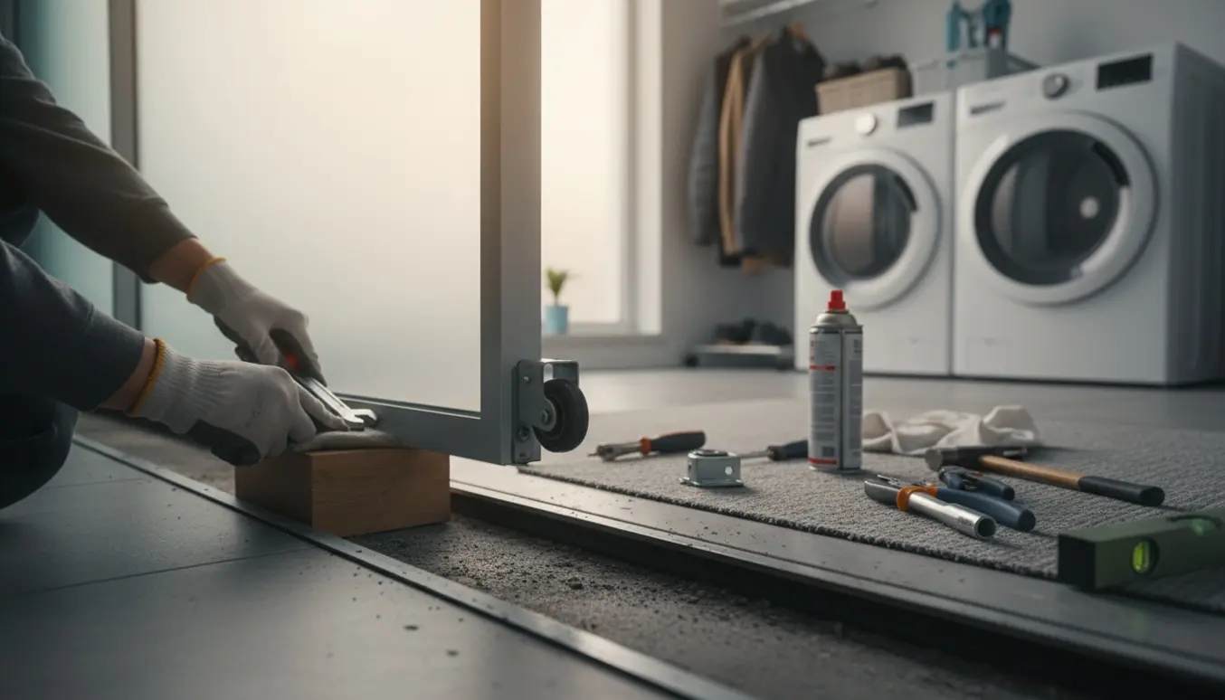 Hænder reparerer en skydelåge i et lyst bryggers med værktøj og en afmonteret rulle.