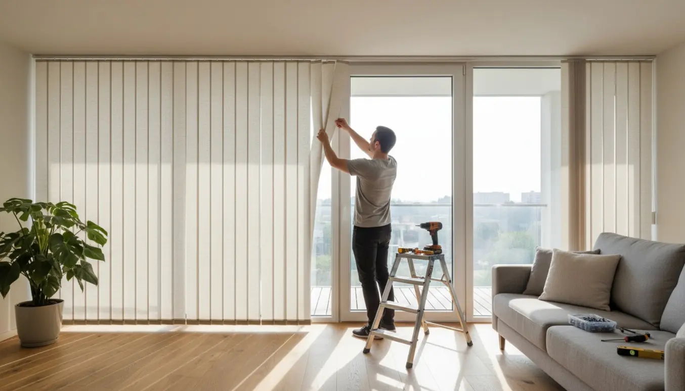 Hænder monterer færdigskårne lameller i et sammenhængende stuevindue og balkondør.