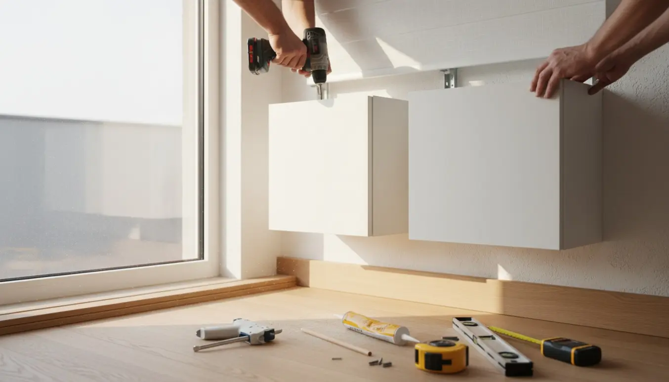 Hænder monterer fodlister, fastgør to små skabe på væggen og sætter et rullegardin op i et lyst, moderne rum.