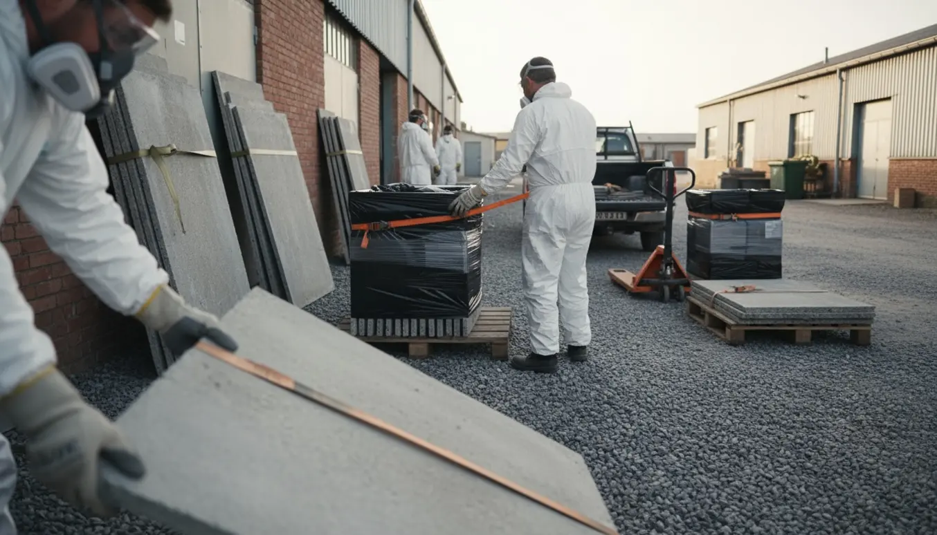 Arbejdere i beskyttelsesudstyr pakker og laster eternitplader i sorte plastikbundter på en grusvej bag bygninger.