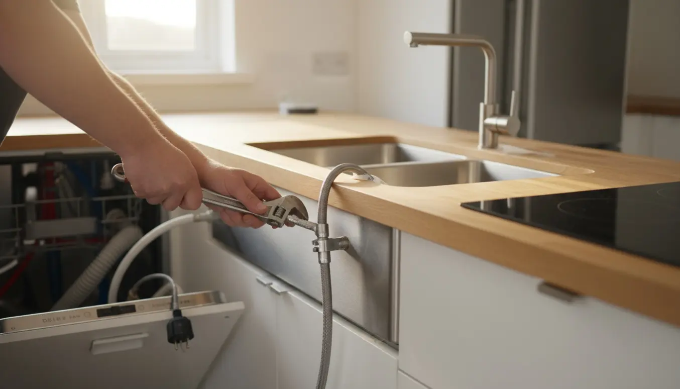 Hænder forbinder vand- og afløbsslanger til hvidevarer i et nyinstalleret sommerhuskøkken.
