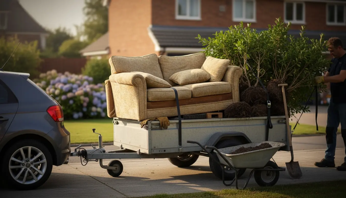 En lille trailer læsset med en tredelt sofa og fire opgravede hækplanter på en indkørsel.