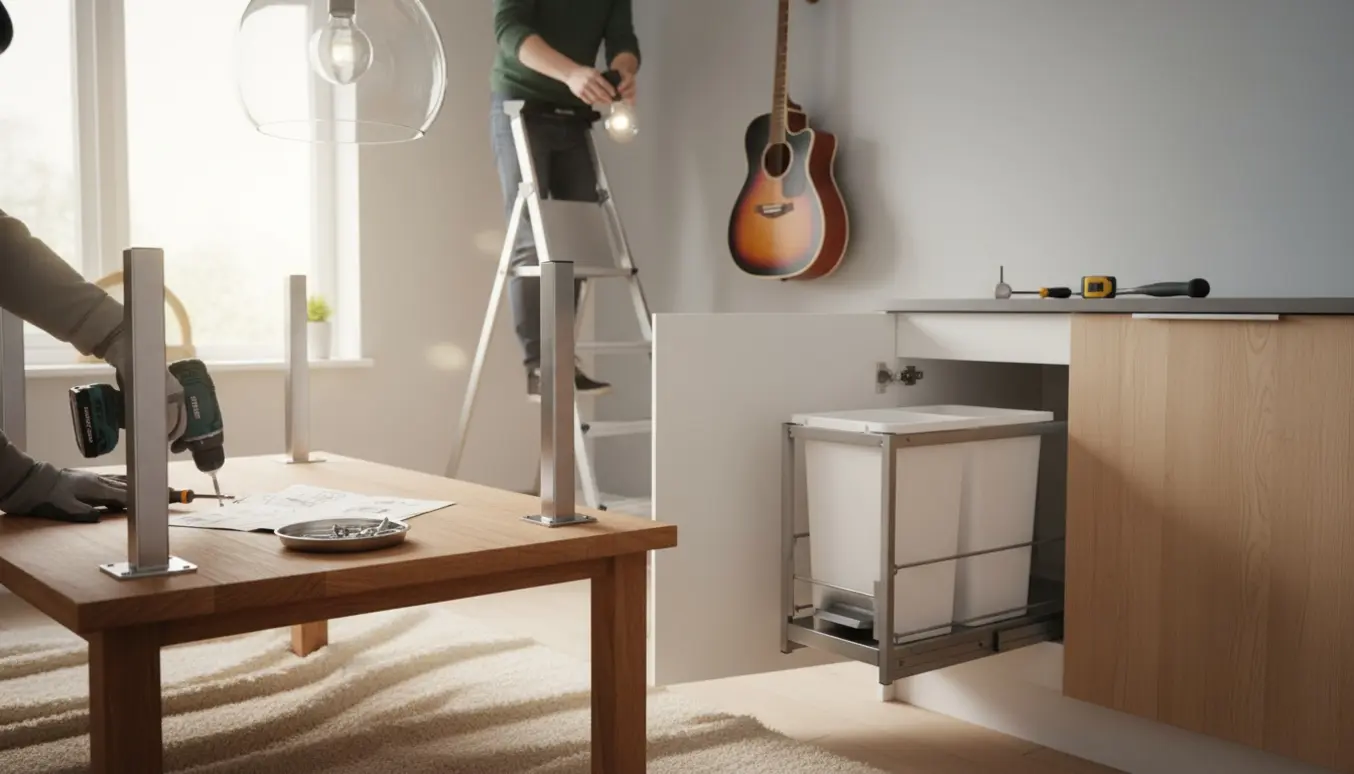 Hænder monterer bordben mens en person på en stige skifter pære i en glaslampe, med åbent køkkenskab med affaldsstativ og en ophængt guitar.