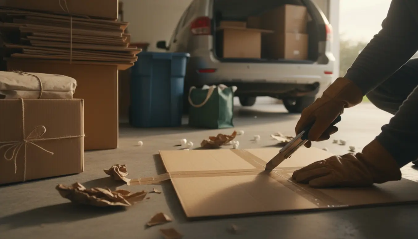 Hænder fladpakker en papkasse i en oplyst garage med stabler af pap klar til genbrug.