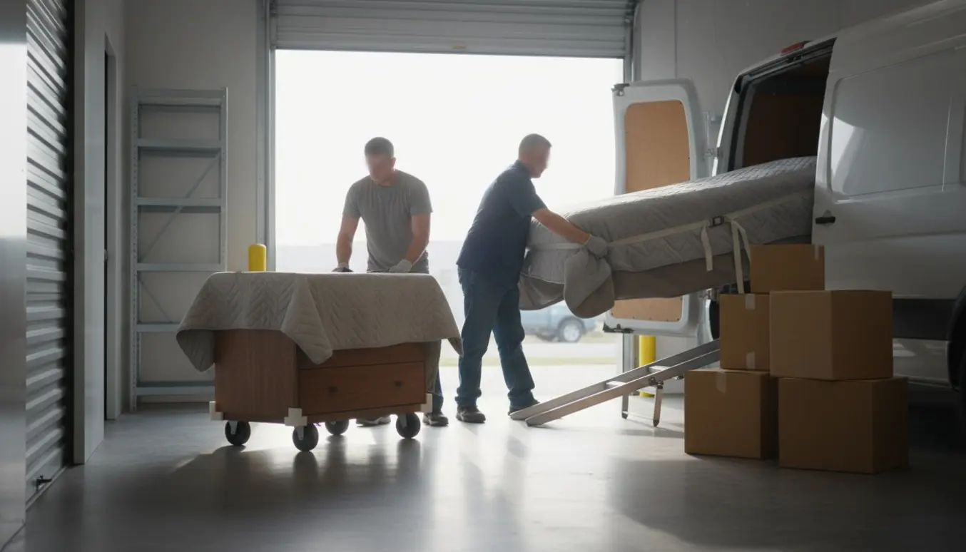 To flyttemænd læsser seng, kommoder, klædeskab og pakkede kasser ind i et depotrum ved en flyttebil uden tydelige ansigter.