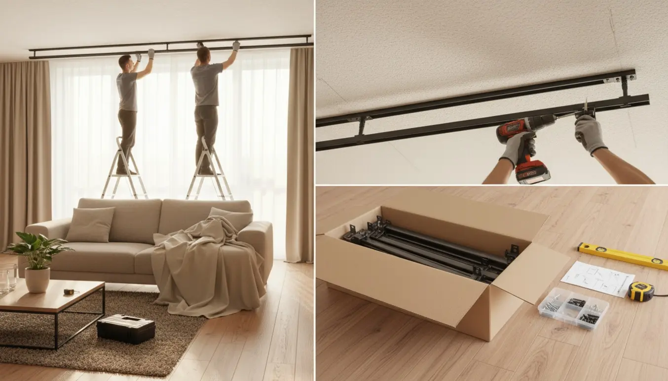 Dobbelt gardinstang monteres i loftet over en 6 meter lang vinduesvæg, to personer på stiger holder stangen på plads.
