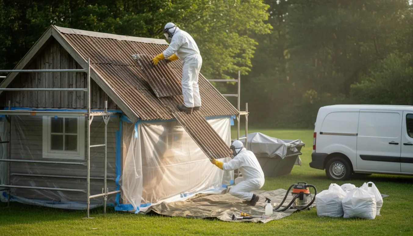 Arbejdere i beskyttelsesdragter fjerner og indpakker gamle tagplader fra et sommerhus til sikker bortskaffelse.