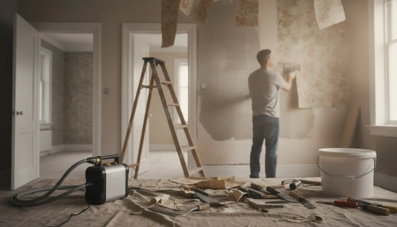 En håndværker fjerner tapet med en dampmaskine i en lejlighed, med værktøj, stige og åbne døre til andre rum.