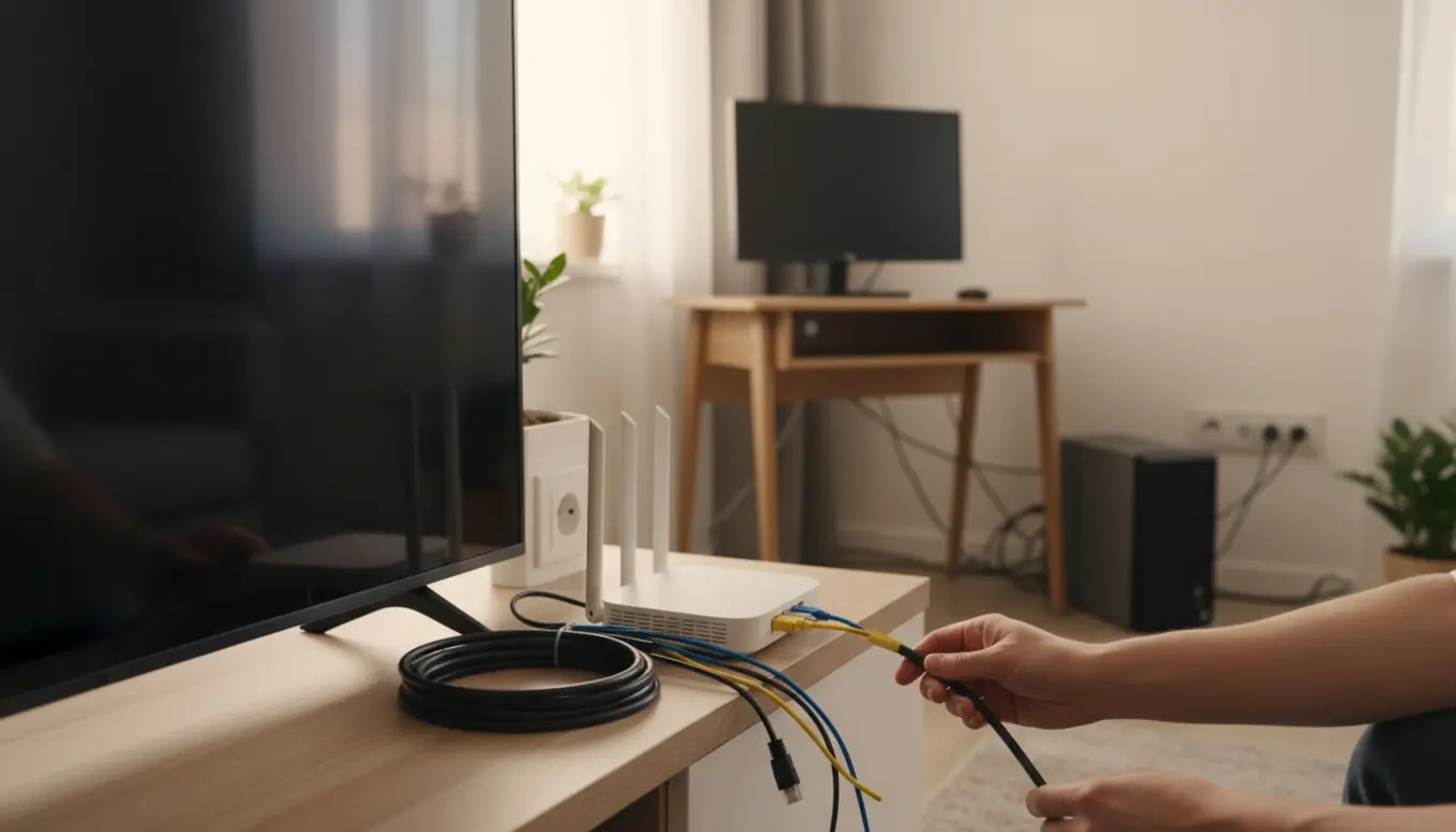 Hænder tilslutter tv- og netværkskabler til et tv og en router i en lys stue med computer i baggrunden.