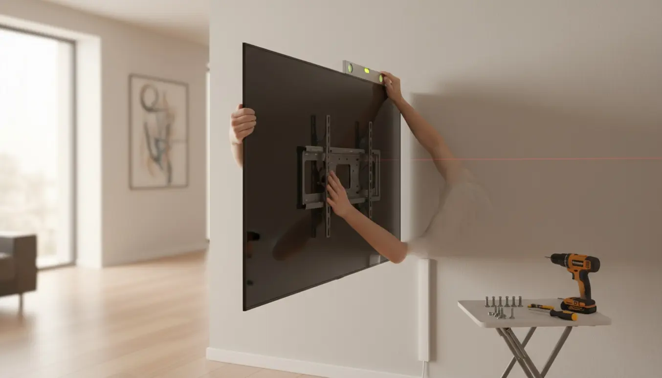 Hænder retter et 55 tommer tv på væg med beslag med vaterpas og værktøj i baggrunden.