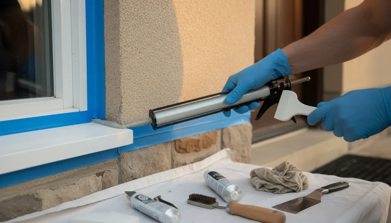 Nærbillede af hænder, der fuge omkring vinduesramme med fugepistol og værktøj.